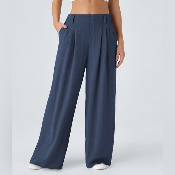 HALARA Pants - HALARA High Waisted Pocket Wide Leg Flowy Solid Palazzo Casual Linen-Feel Pants